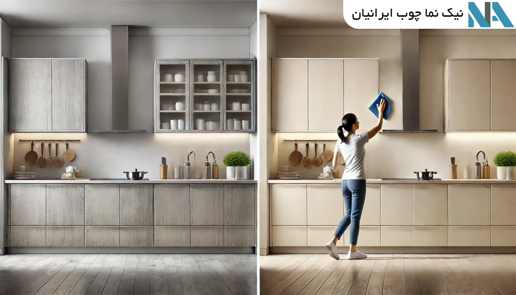 کاهش نیاز به تمیزکاری و نگهداری مداوم کابینت قزوین نیک نما چوب ایرانیان